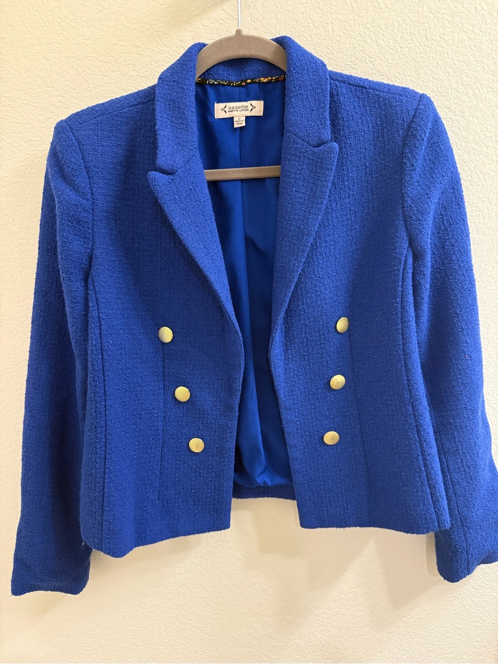 Nanette Lepore Cobalt Blue Double-Breasted Bouclé Blazer
